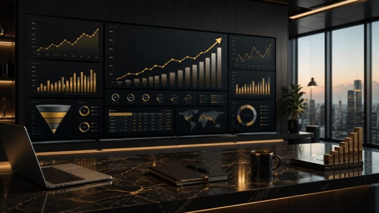 Professional marketing ROI measurement dashboard with growth metrics and performance analytics