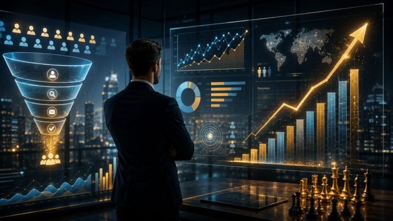 Luxury performance marketing strategy dashboard with ROI growth and lead generation analytics